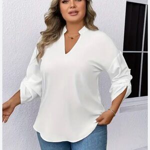 TIMWZON White Blouse with Mandarin Collar and Relaxed Fit